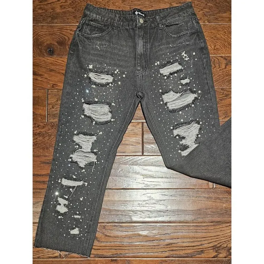 Vocal Dreamer W 34" Y2K Distressed Jeans W Pearl Biker Festival Edgy Concert - Picture 3 of 9